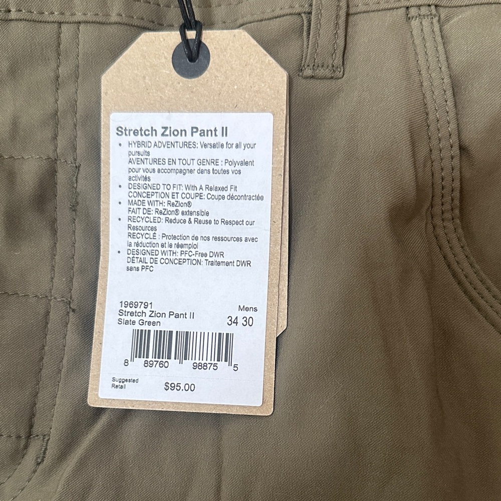 Prana Men's Stretch Zion Pant II - Olive NWT 34x30